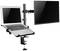 Laptop- und Monitorhalterung zur Tischmontage. Laptop auf einer Ablage, daneben ein verstellbarer Monitorarm. Ideal für ergonomisches Arbeiten.