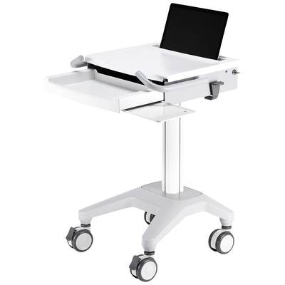 Tragbarer Computerwagen mit ausziehbarem Fach, geeignet für mobile Arbeitsstationen. Enthält Laptop-Ablage und Rollen für einfache Bewegung.