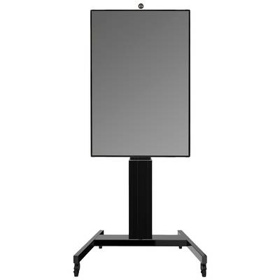 Ein schwarzes, rechteckiges Display auf einem stabilen, höhenverstellbaren Ständer mit Rollen, ideal für Präsentationen.