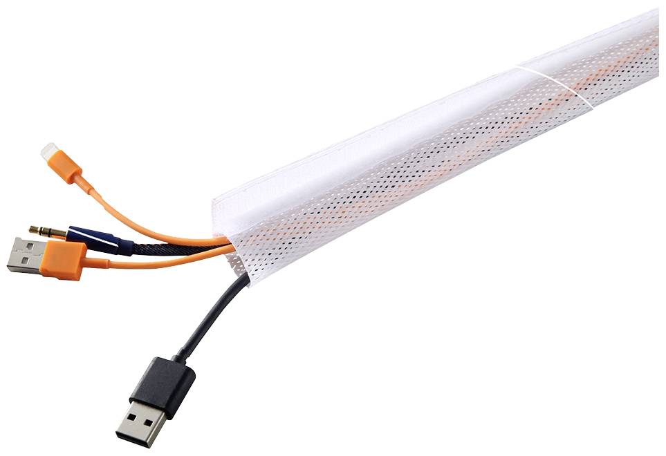 Mehrere Kabel mit USB- und Audiosteckern, gebündelt in einer weißen Netzhülle zur ordentlichen Aufbewahrung und Organisation.
