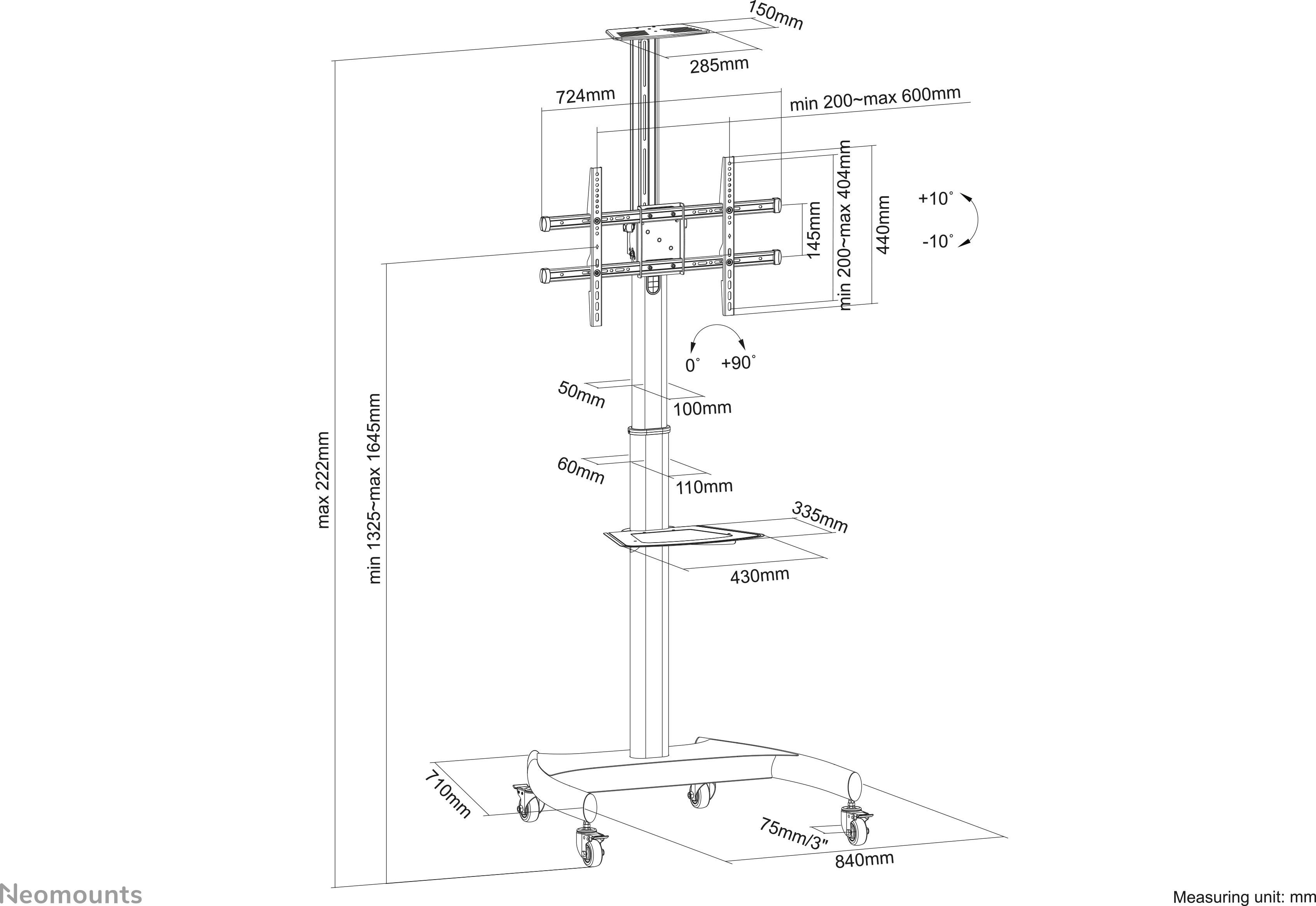 'Illustration eines TV-Ständers mit Höhen- und Breitenmaßen in Millimetern. Verstellbarer Bildschirm, Rollen unten, Ablagefläche.'
