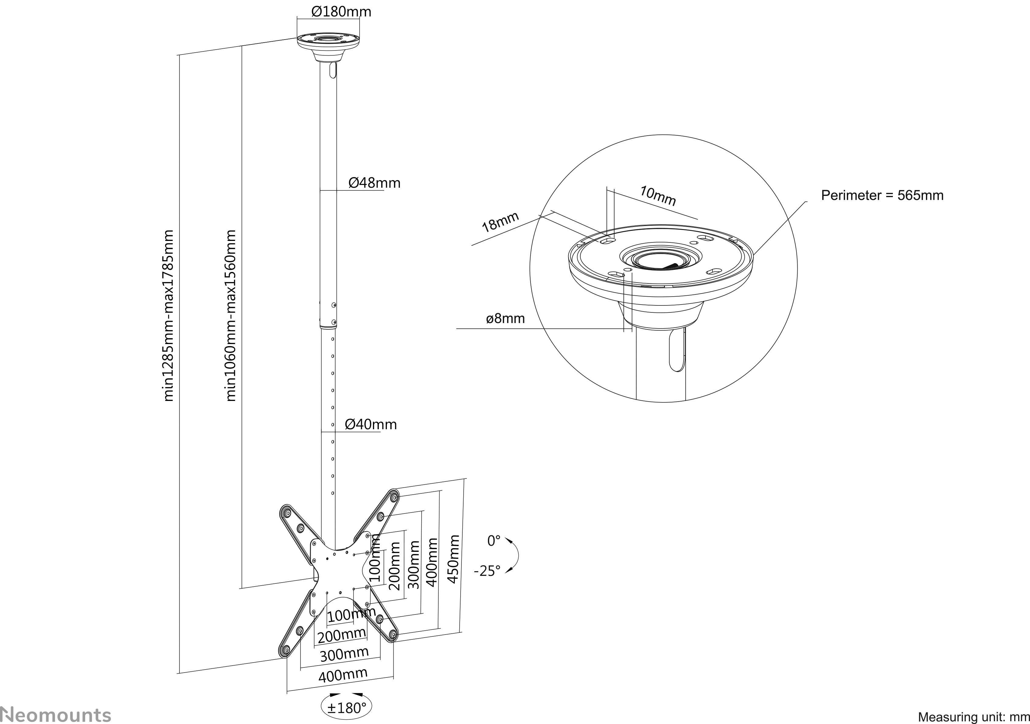 'Deckenhalterung für Projektor mit verstellbarem Rohr (max. Länge 1385 mm, min. 1080 mm), schwenkbar bis ±180°, neigbar bis ±20°.'