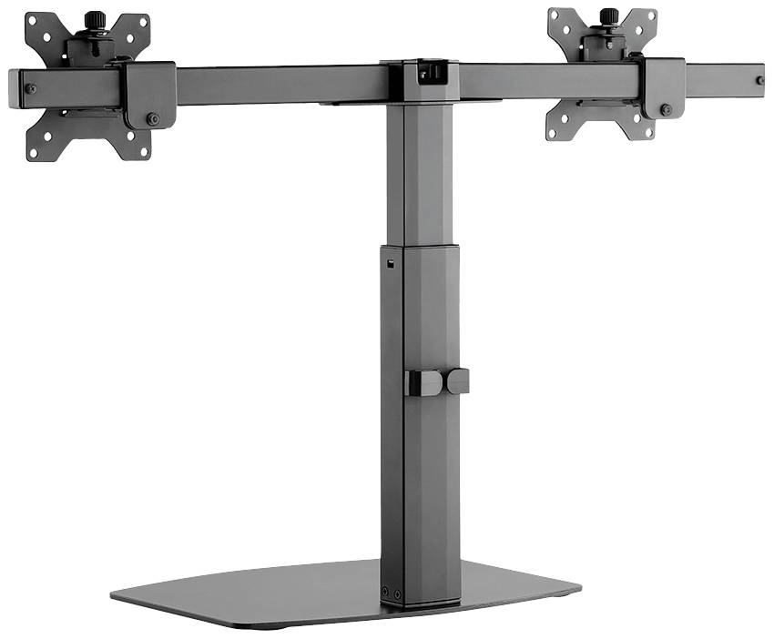 'Schwarzer dualer Monitorständer mit verstellbaren Armen und stabiler Basis für zwei Monitore'