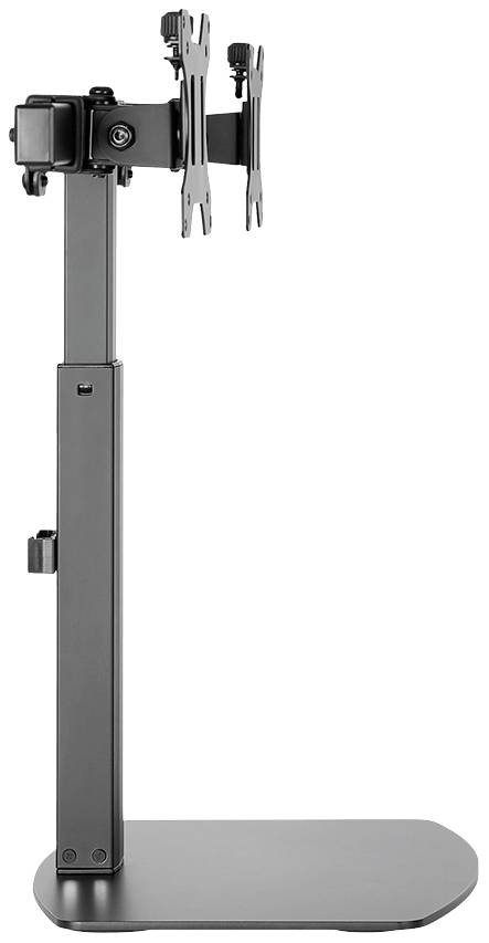 Ein schwarzer Monitorständer mit verstellbaren Halterungen, geeignet für die Befestigung eines Bildschirms. Freistehend und stabil.