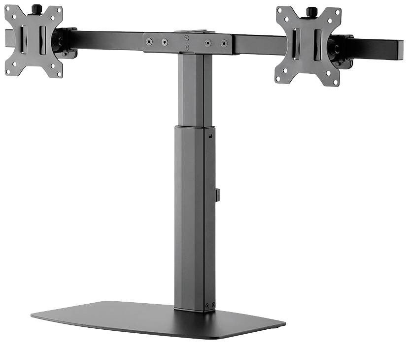Doppelte Monitorhalterung aus Metall, schwarz, mit zwei Armen für die Montage von Bildschirmen, geeignet für Schreibtische.