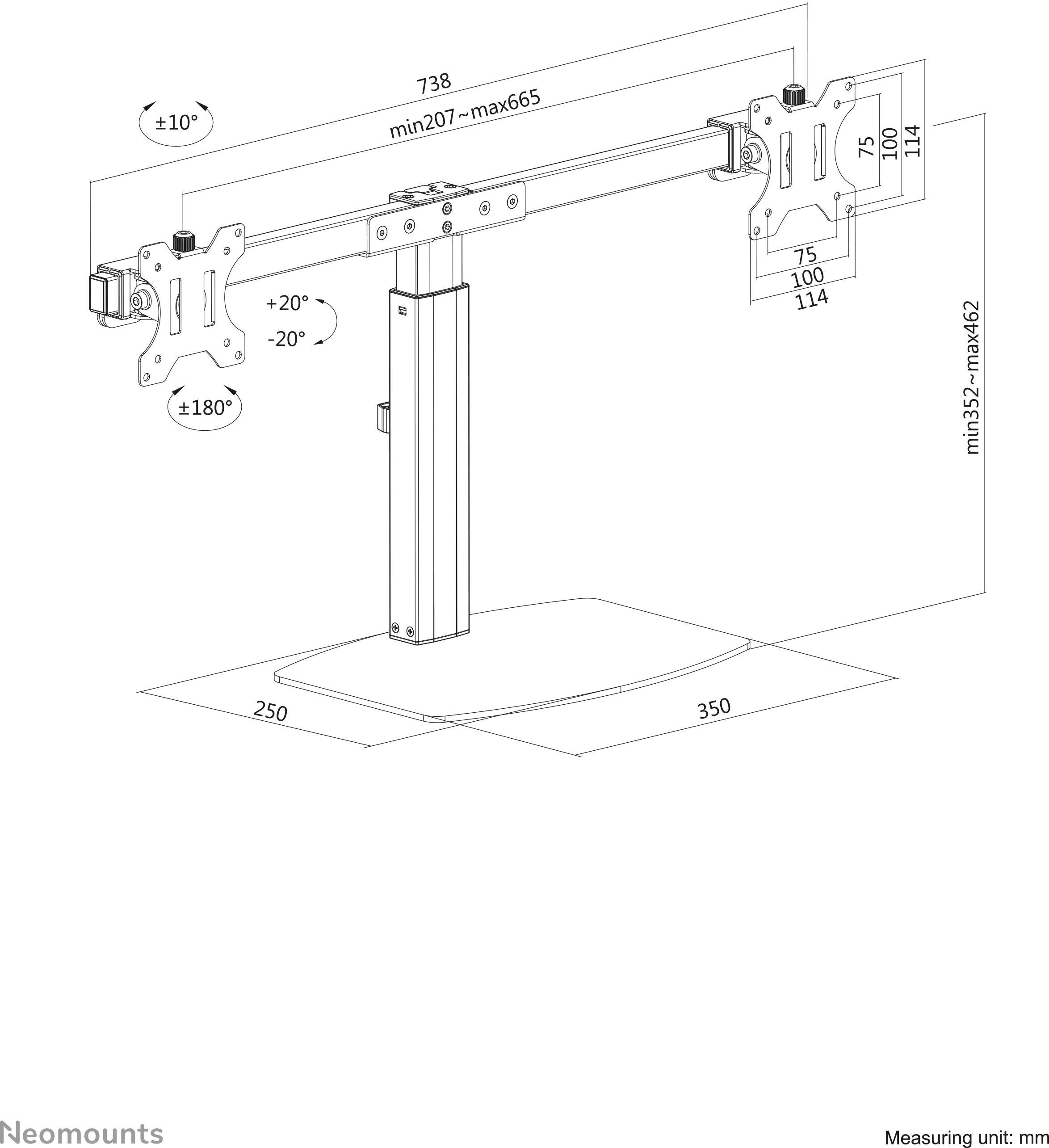 'Dualer Monitorarm mit Kipp-, Schwenk- und Drehfunktion. Höhenverstellbar von 352 bis 462 mm. Geeignet für VESA 75x75 bis 100x100 mm.'