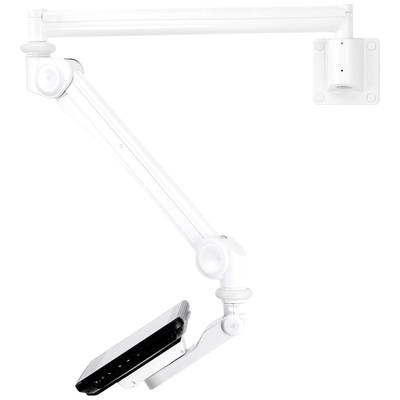 Weißer, beweglicher Wandarm mit Tablethalterung. Der Arm hat mehrere Gelenke für maximale Flexibilität und Ausrichtungsmöglichkeiten.