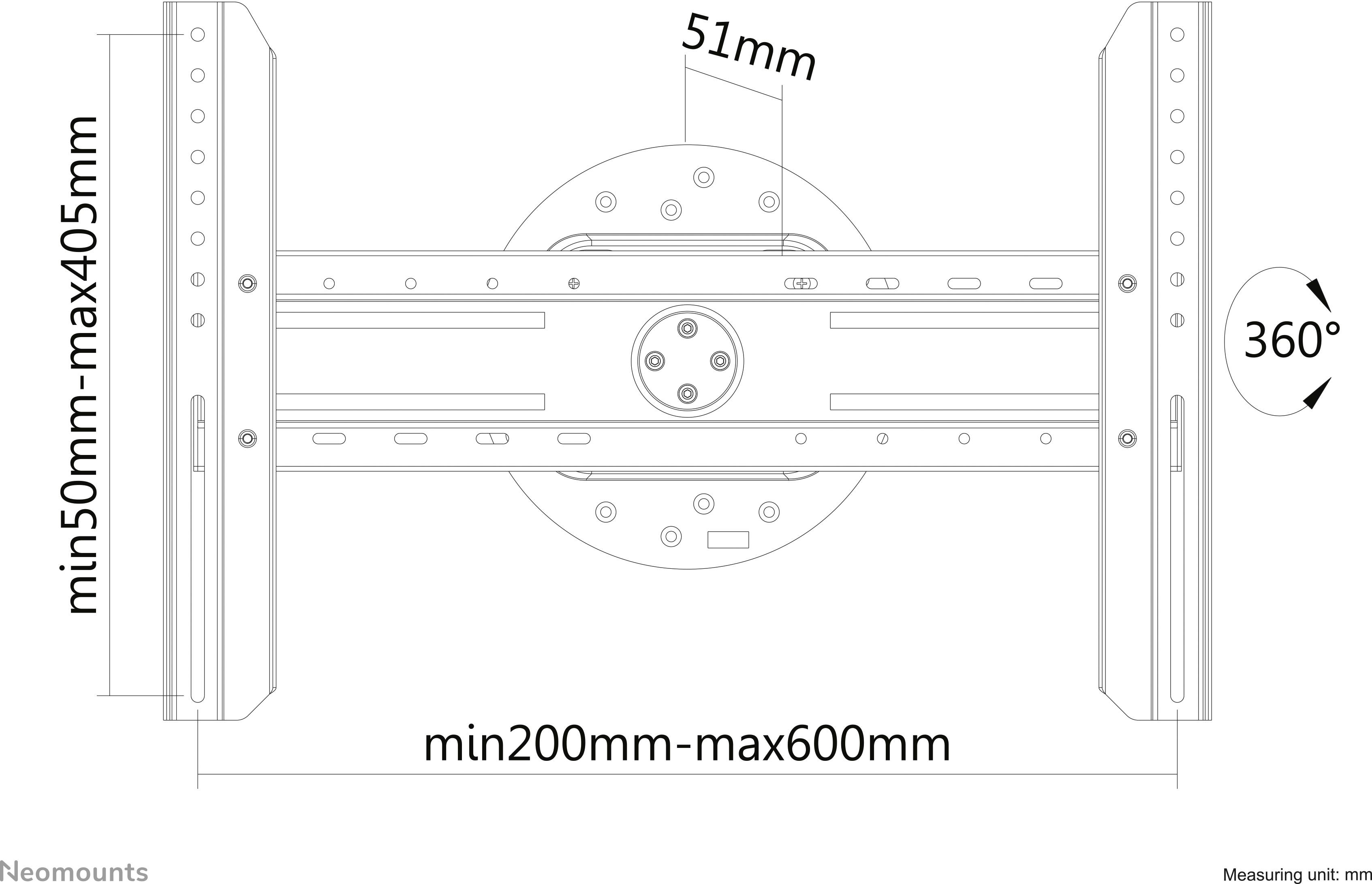 'Zeichnung einer Monitorhalterung. Höhenverstellbar von 50mm bis 405mm und Breitenverstellbar von 200mm bis 600mm, mit 360° Rotation.'