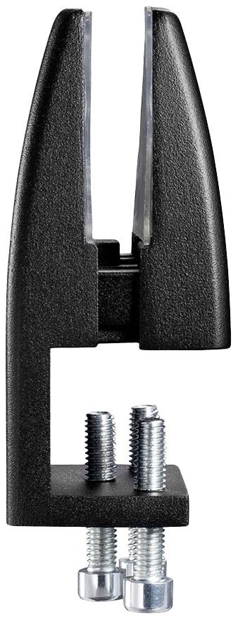 Eine schwarze Klammer mit zwei Schrauben zur Befestigung, geeignet zum Anbringen an Oberflächen. Markenname auf der Metallbasis.