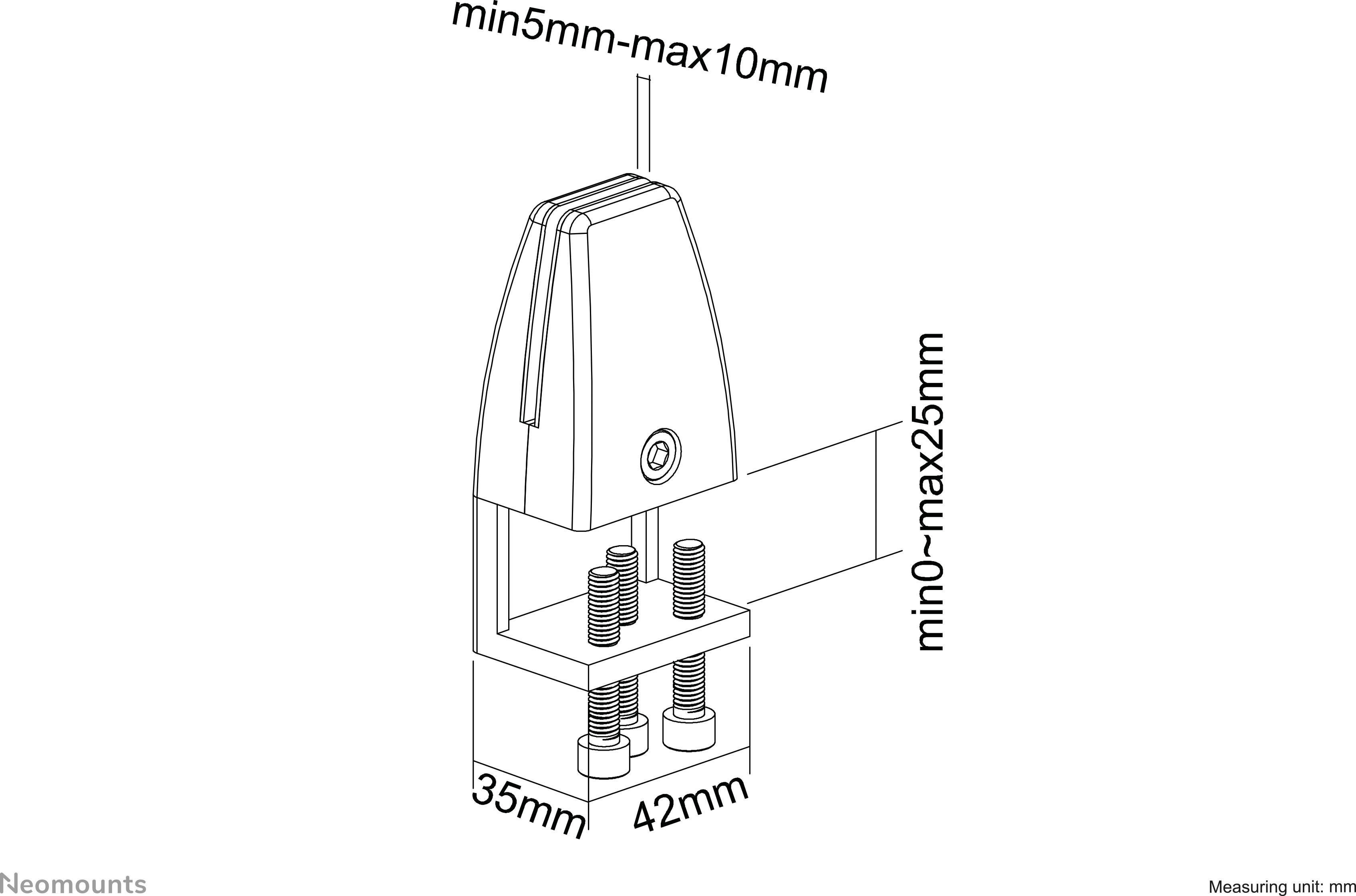 'Diagramm eines Tischscheibenhalters mit Abmessungen: min5mm-max10mm Dicke und min0-max25mm Höhe. Basisbreite 35mm und 42mm.'