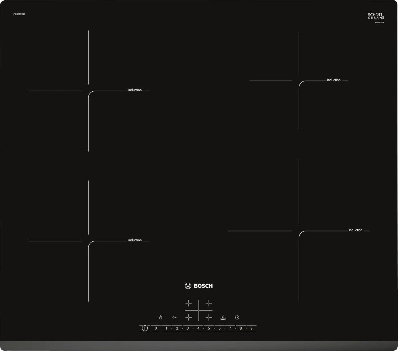 Schwarzes Induktionskochfeld mit vier Kochzonen und Touch-Bedienelementen an der Vorderseite.