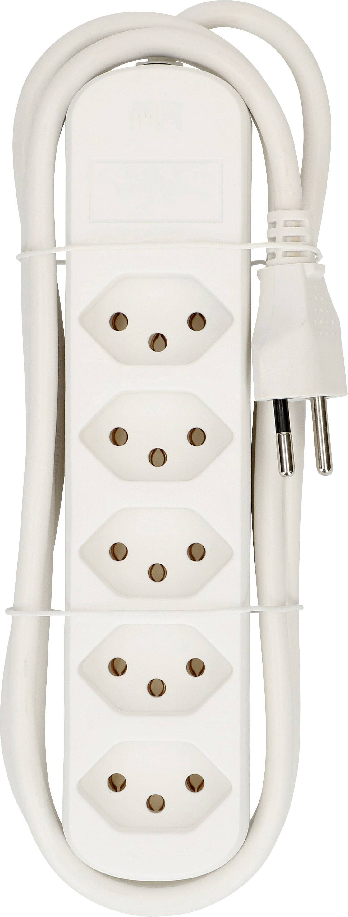 Steckdosenleiste mit vier weißen Steckplätzen und angeschlossenem Kabel. Ideal für mehrere elektronische Geräte.