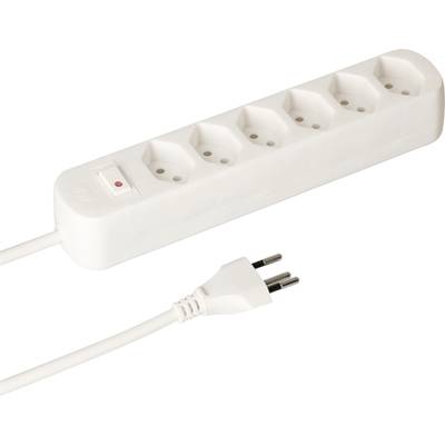 Eine weiße Steckdosenleiste mit sechs Anschlüssen und einem Ein-/Ausschalter, gezeigt mit einem passenden weißen Stecker.