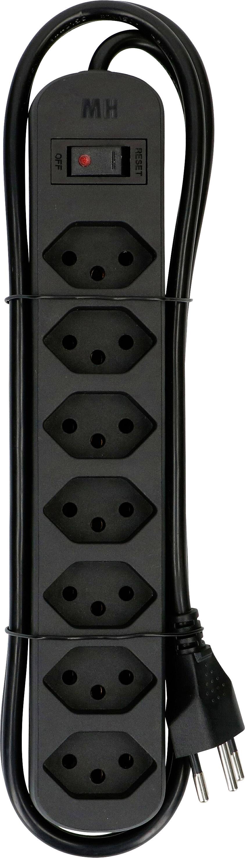 'Schwarze Mehrfachsteckdose mit sechs Buchsen und angeschlossenem Kabel. Schalter oben mit rotem Indikator. Senkrecht ausgerichtet.'