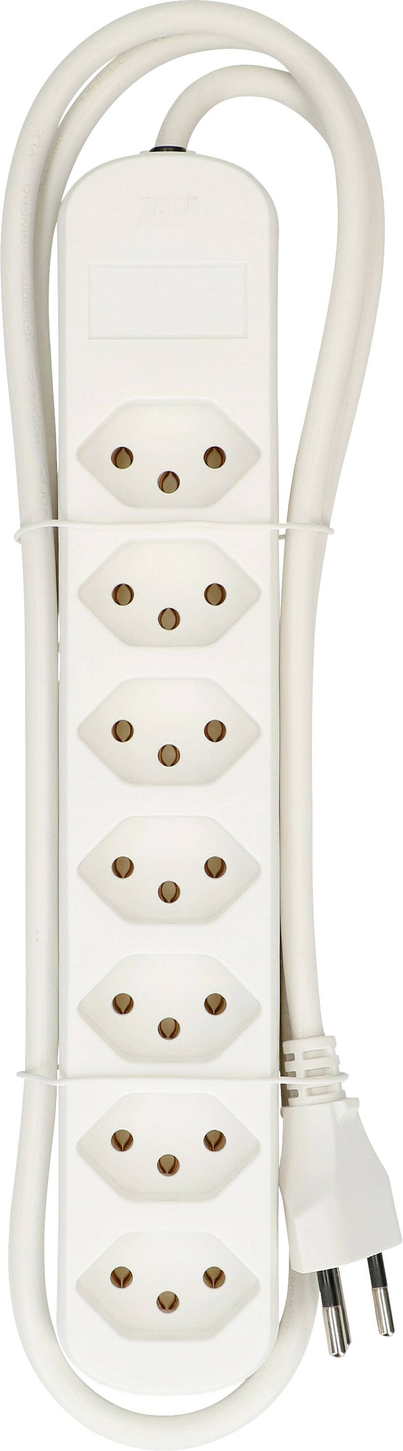 Mehrfachsteckdose mit sechs Anschlüssen, weiß, mit Kabel und Stecker.
