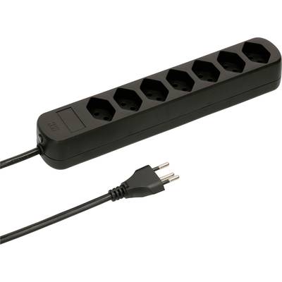 Schwarze Steckdosenleiste mit sechs Steckplätzen und angeschlossenem Kabel mit Stecker.