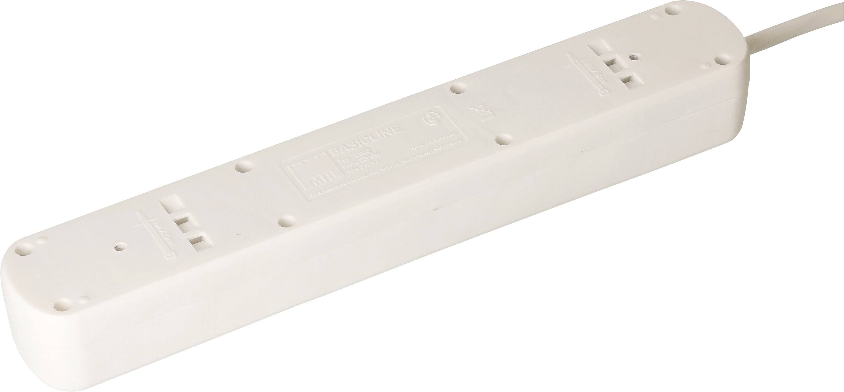 Ein länglicher, weißer Mehrfachsteckdosenadapter mit mehreren Steckplätzen für elektrische Steckverbindungen, seitlich gesehen.