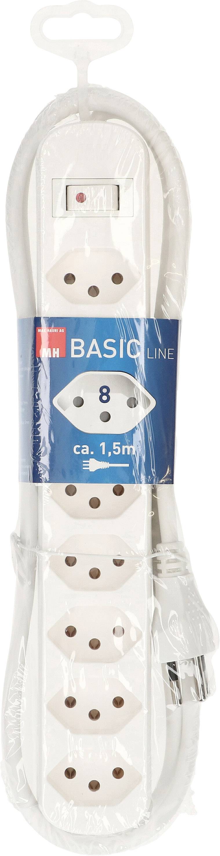 Verpackte weiße Steckdosenleiste mit acht Anschlüssen und einem Kabel von 1,5 Metern Länge, gekennzeichnet mit 'Basic Line'.