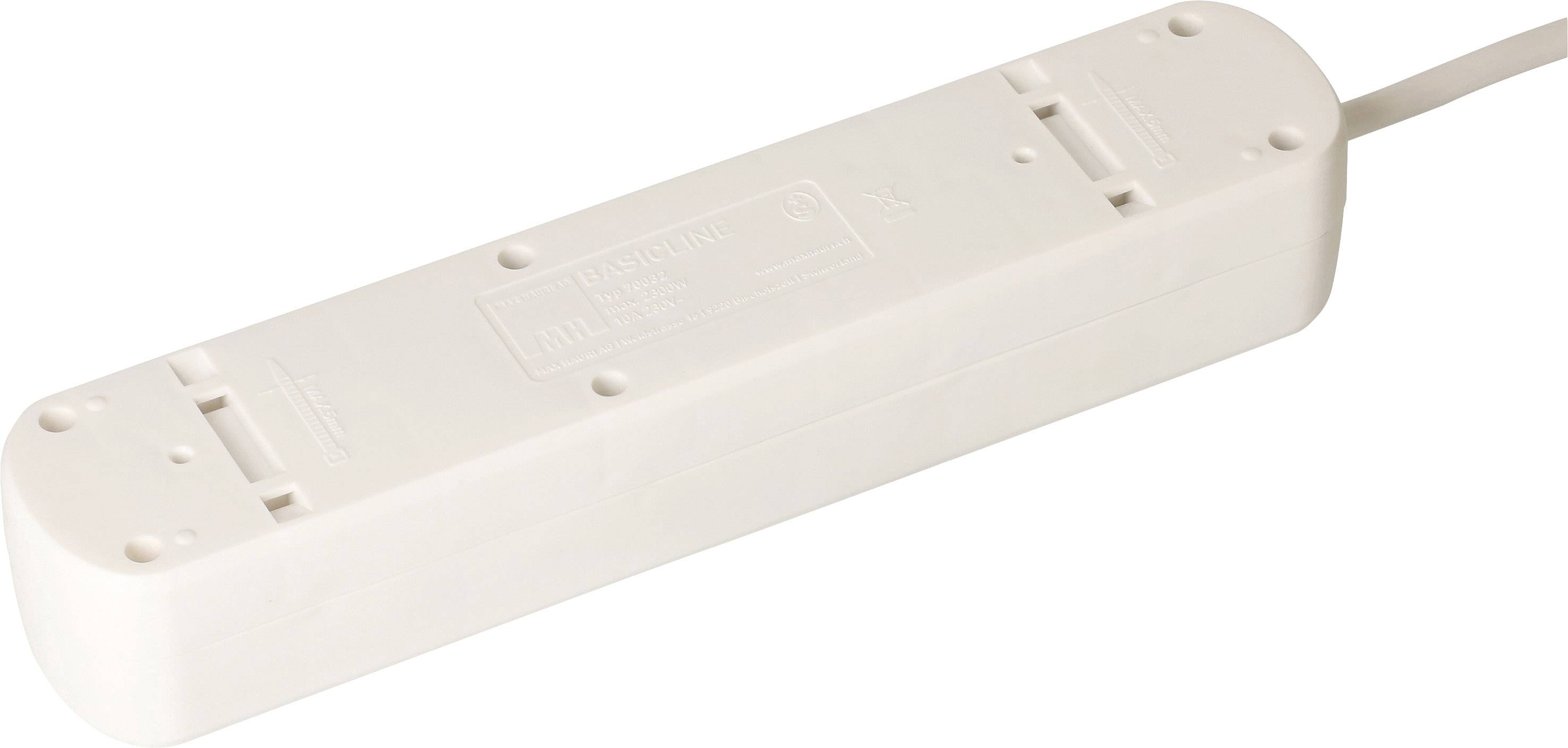 Ein weißer, länglicher Adapter mit mehreren Steckplätzen und einem integrierten Kabel zur Stromversorgung.