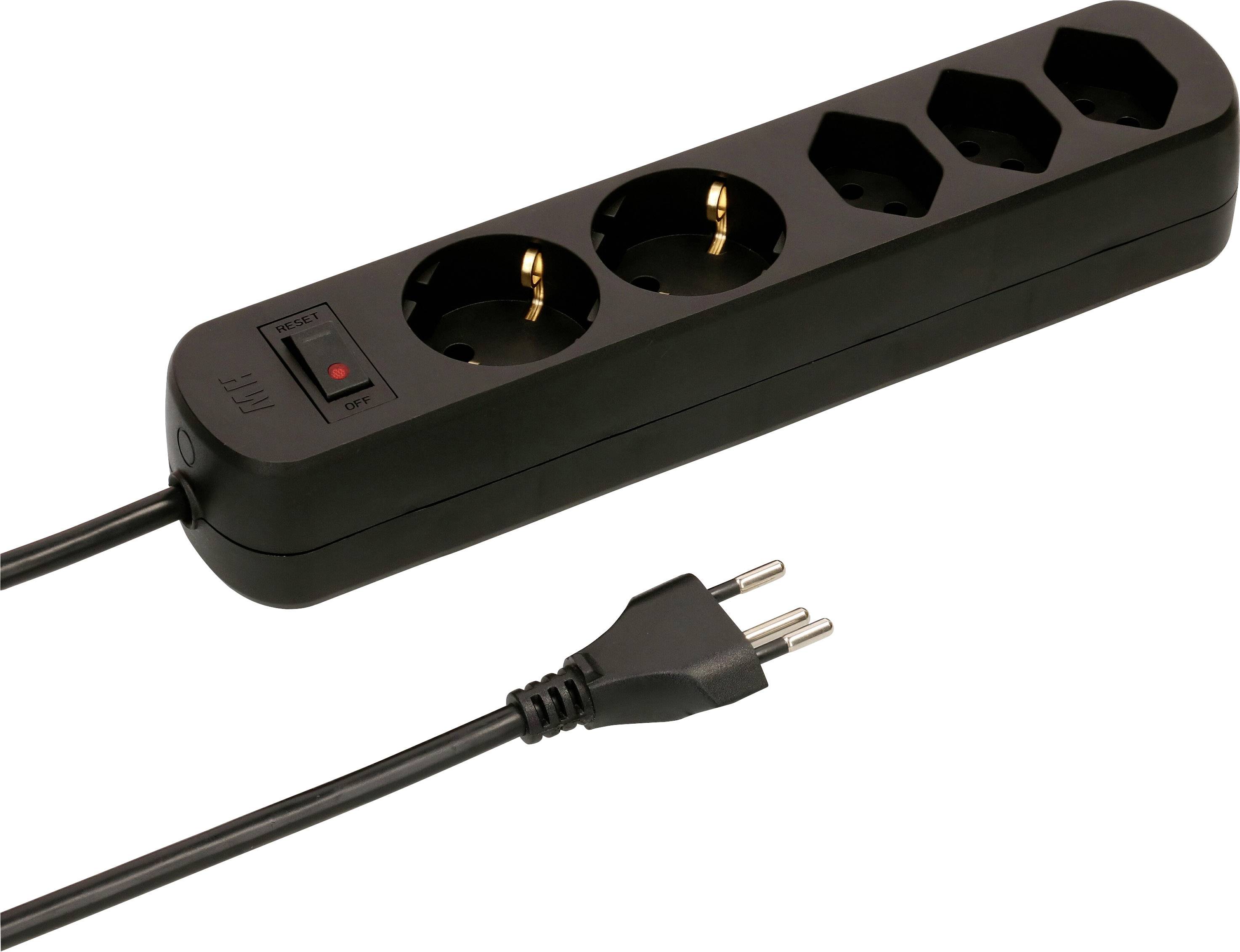 Schwarze Steckdosenleiste mit vier Anschlüssen und einem Netzschalter, verbunden mit einem zweipoligen Stecker.