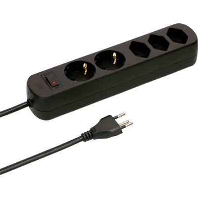 Schwarze Steckdosenleiste mit vier Anschlüssen und einem Netzschalter, verbunden mit einem zweipoligen Stecker.