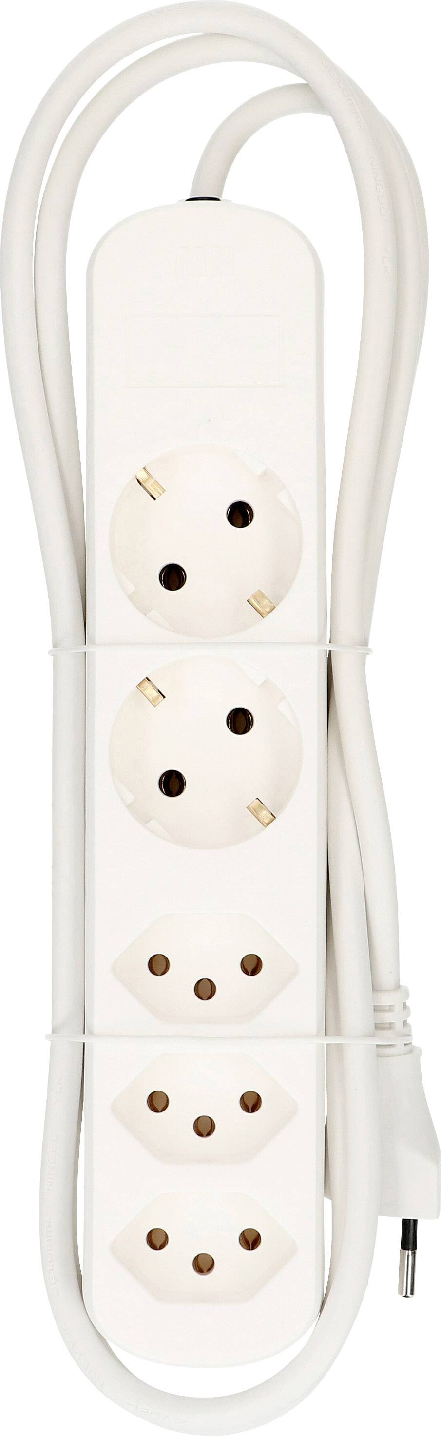 Weiße Steckdosenleiste mit vier Steckplätzen und einem langen Kabel, aufgerollt und mit Steckerkabelhalter gesichert.