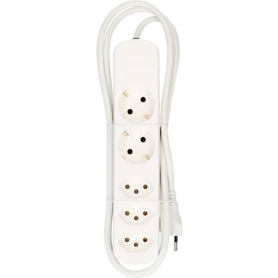 Weiße Steckdosenleiste mit vier Steckplätzen und einem langen Kabel, aufgerollt und mit Steckerkabelhalter gesichert.