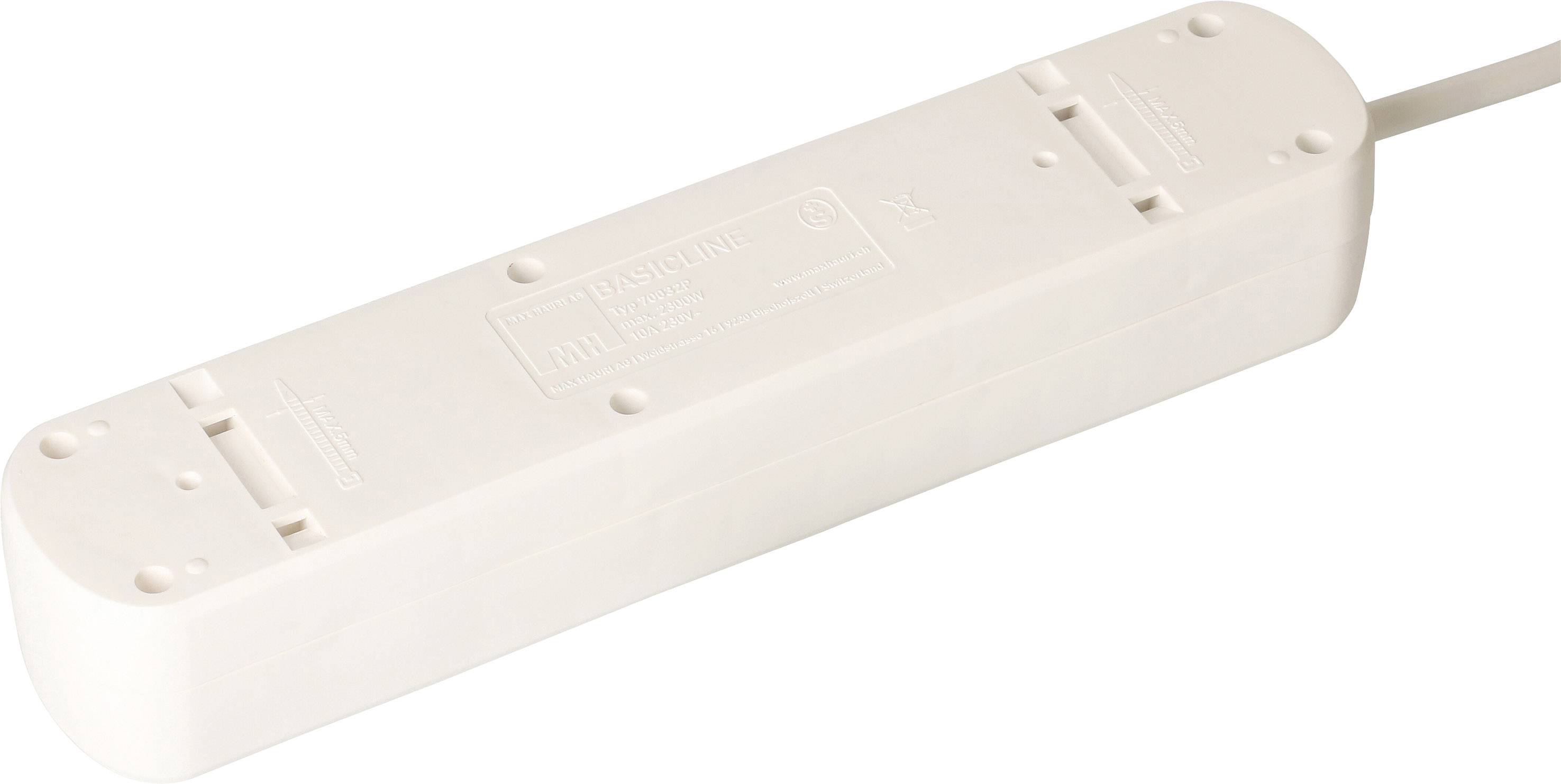 Weiße Mehrfachsteckdose, waagerecht liegend. Geeignet für mehrere Geräteanschlüsse, oft zur Stromversorgung in Wohn- oder Büroräumen verwendet.