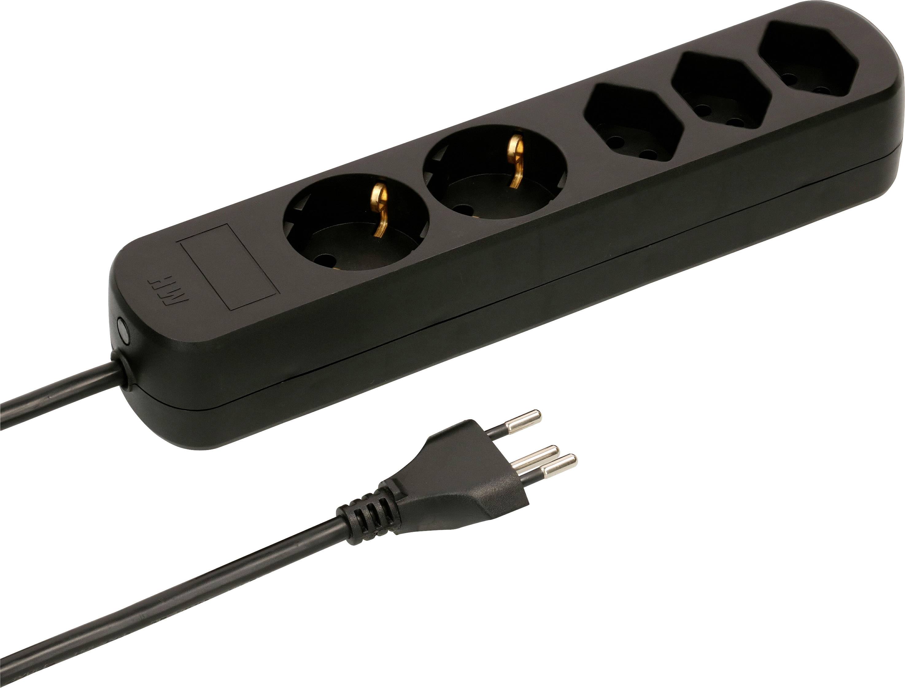 Schwarze Mehrfachsteckdose mit vier Steckplätzen und angeschlossenem Stromkabel. Geeignet zur Erweiterung von Stromanschlüssen.