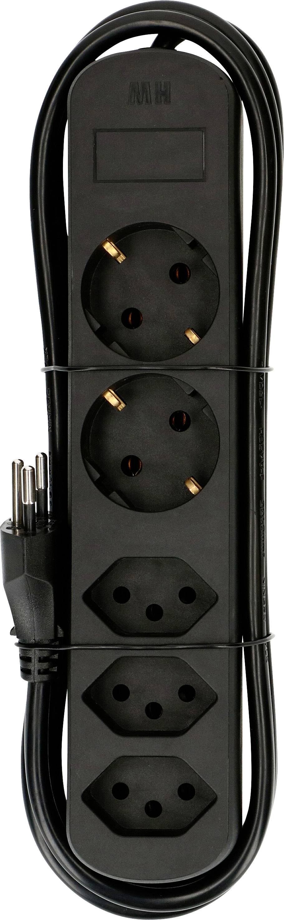 Schwarze Mehrfachsteckdose mit drei Steckmöglichkeiten und langem Kabel, geeignet für Haushaltsgeräte und Elektrogeräte.