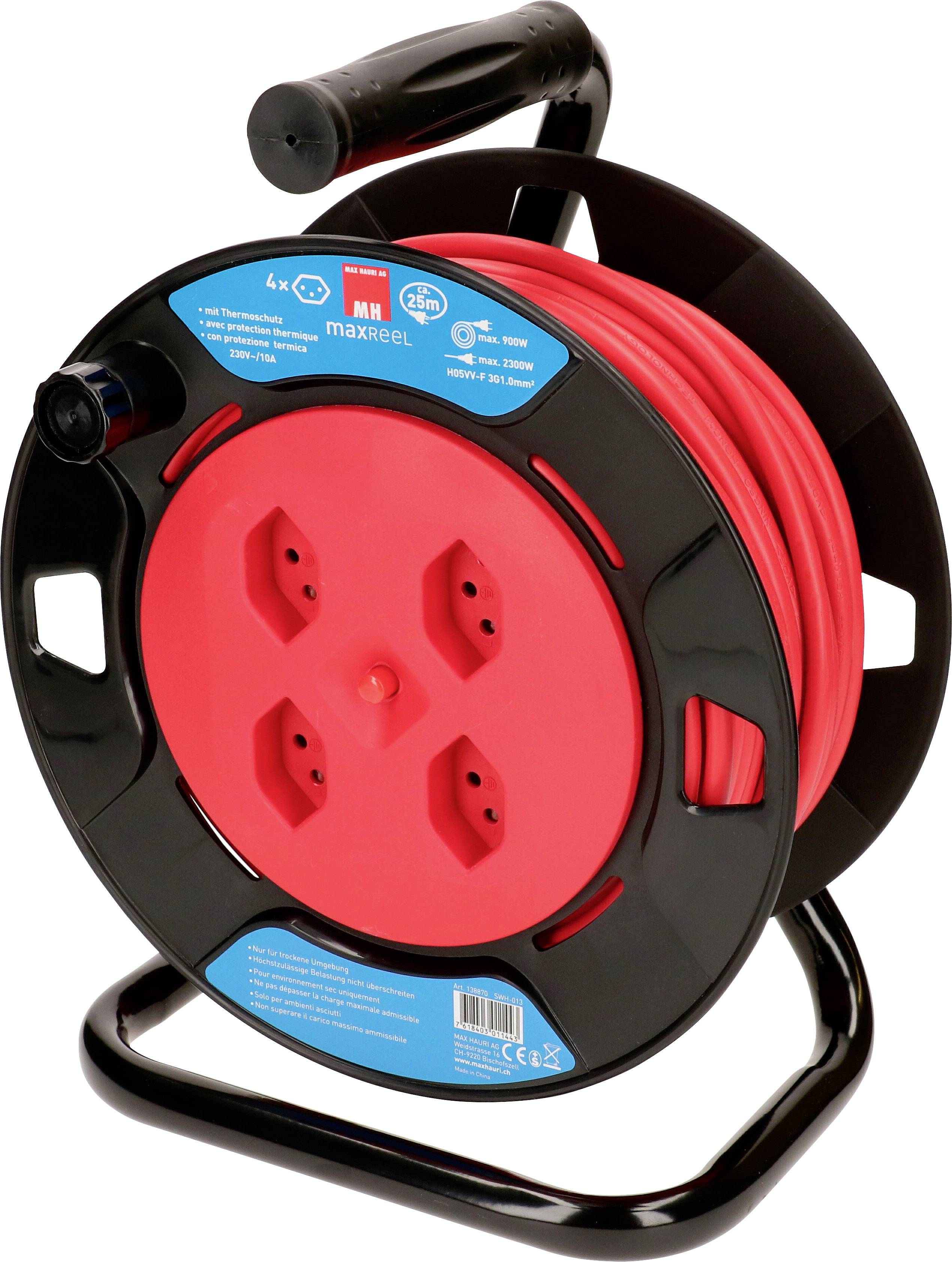 Schwarze Kabeltrommel mit roter Kabelrolle, vier Steckdosen und rotem Kabel. Geeignet für Innenanwendungen, Länge 25 Meter.
