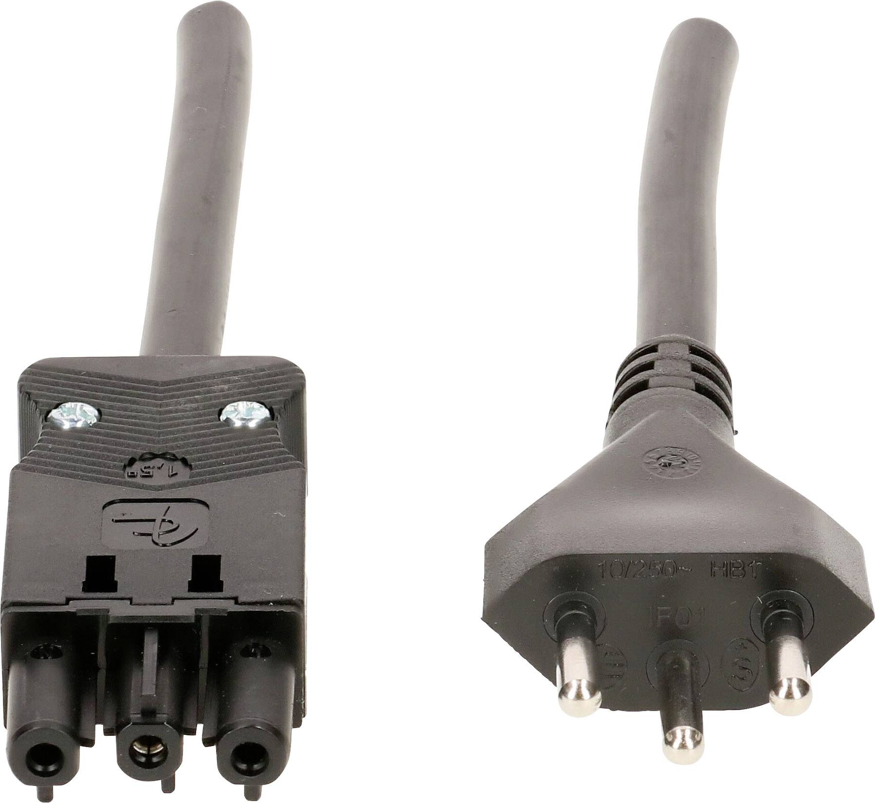 Zwei Ansichten eines Schweizer Typ-J-Steckers: links die Buchse, rechts der dreipolige Stecker. Ideal für Verbindung in der Schweiz.