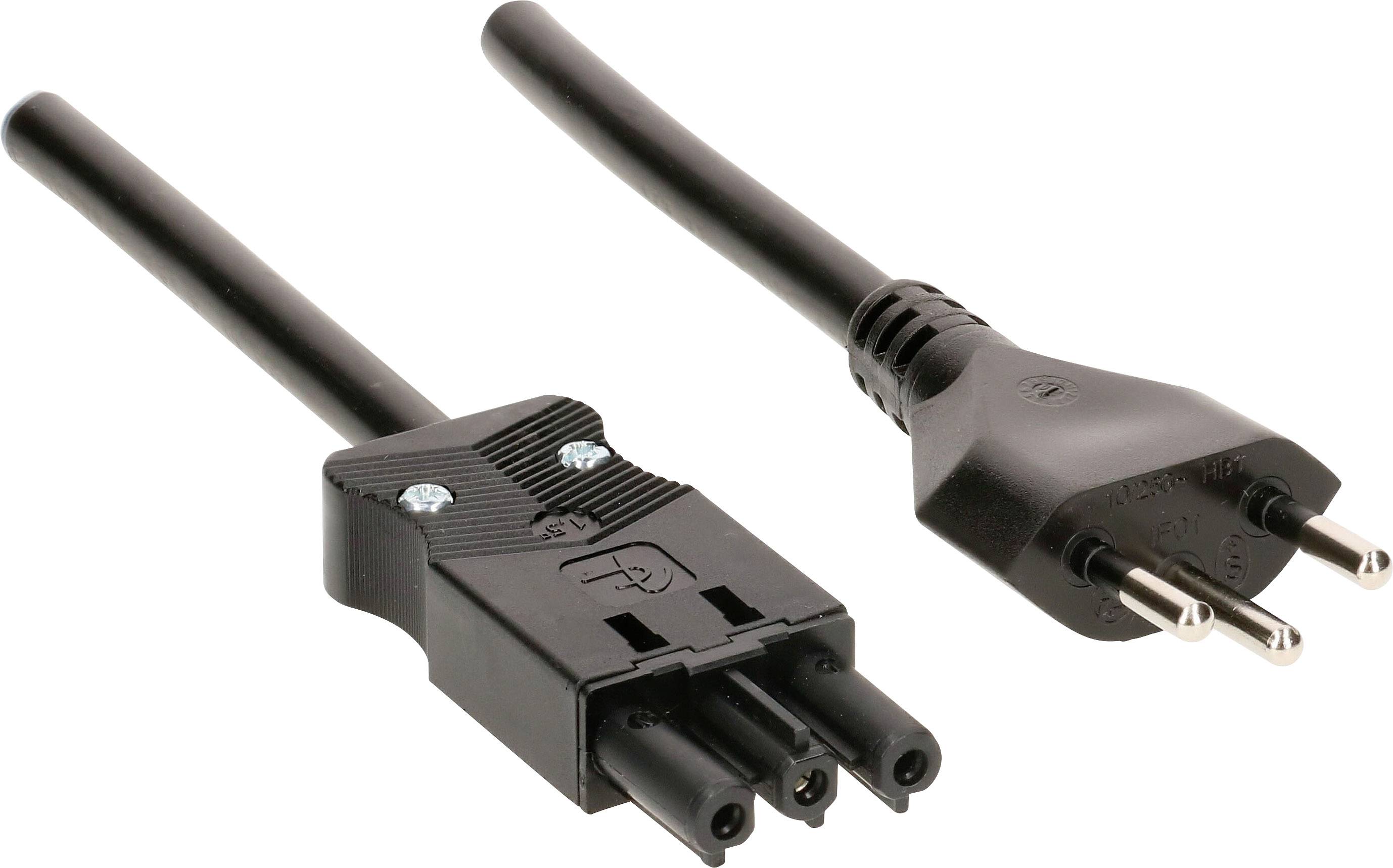 Ein 3-poliger Netzkabelanschluss mit Buchsen- und Steckerenden, in Schwarz. Der Stecker ist ein Schuko-Stecker für europäische Steckdosen.
