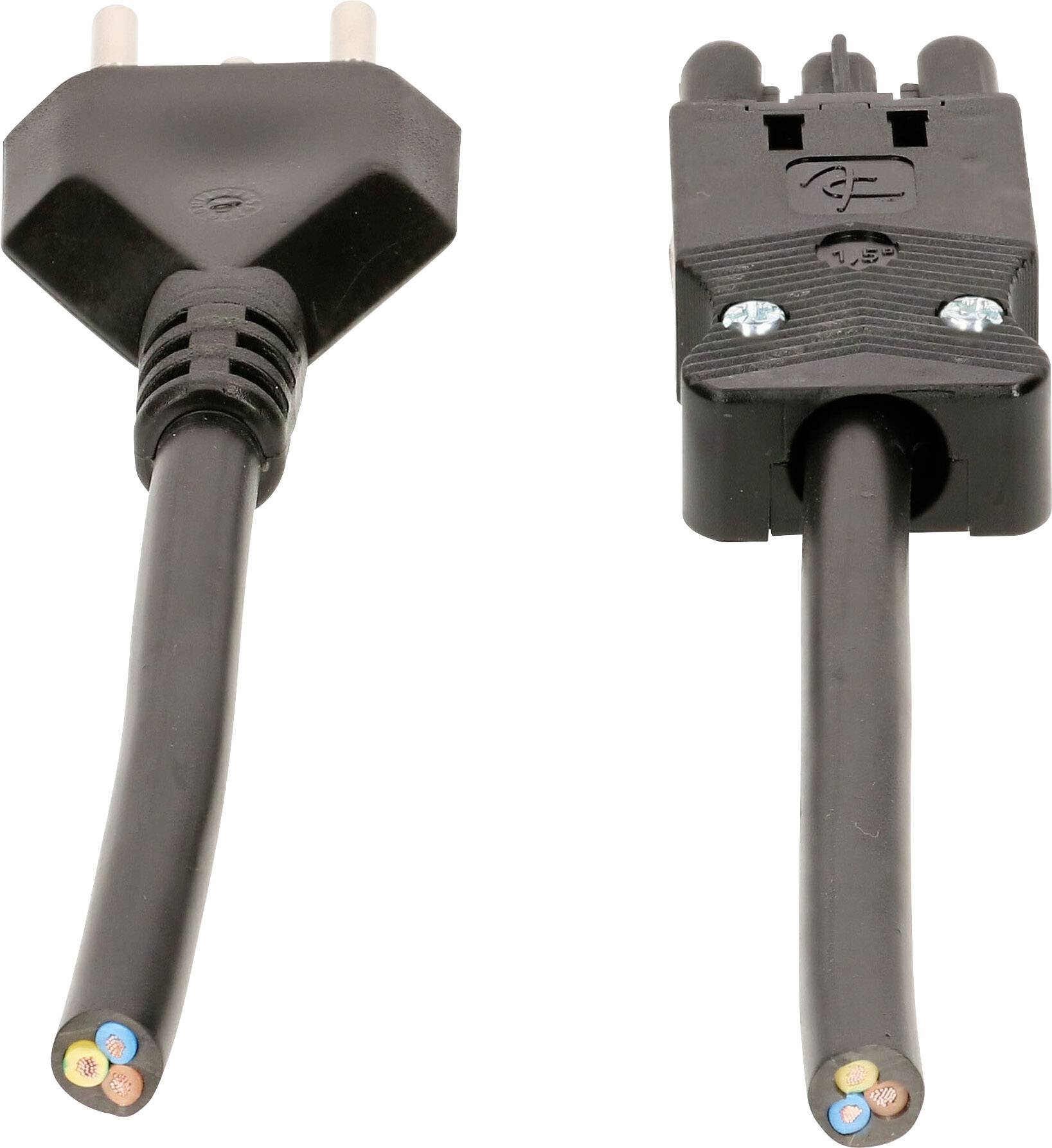 Zwei schwarze Stromkabel, eines mit einem Schuko-Stecker links und das andere mit einem IEC-Stecker rechts, zeigen ihre Innendrähte.