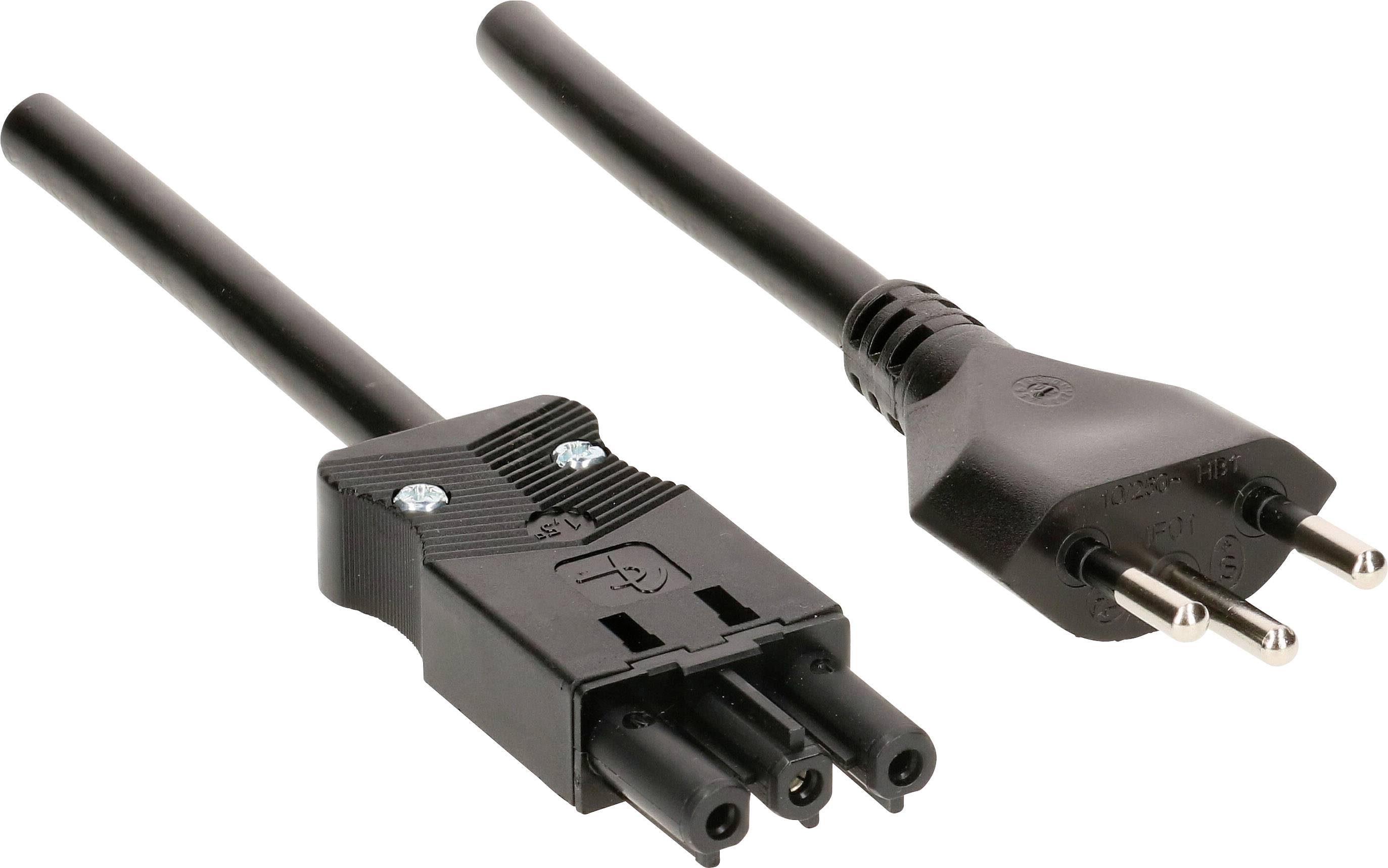 'Europäisches Netzkabel, bestehend aus einem dreipoligen Stecker und einer Kupplung, typisch für elektronische Geräte.'