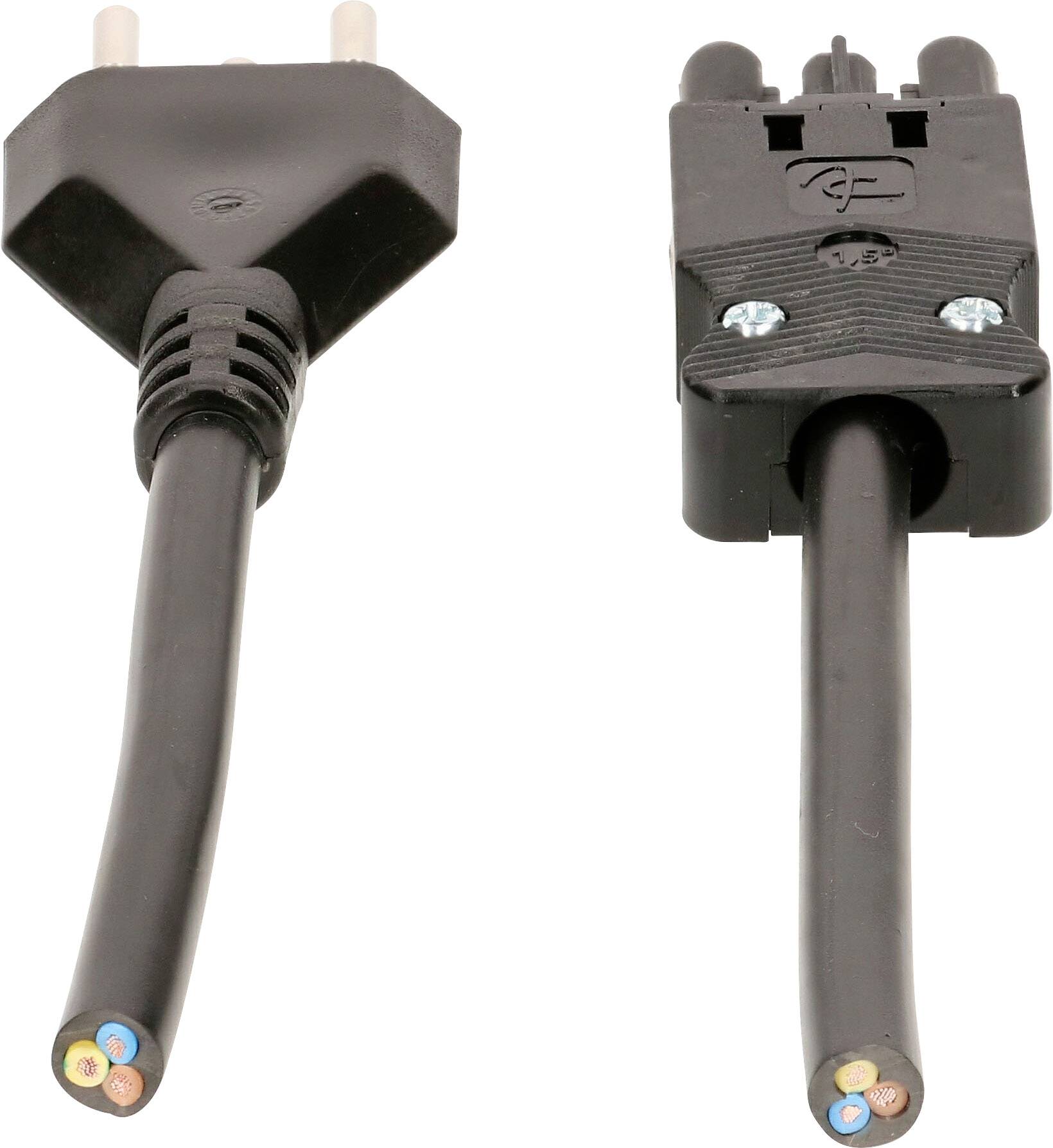 'Zwei schwarze Stromkabel: links mit zweipoligem Stecker, rechts mit rechteckigem Stecker, beide mit freiliegenden Drähten am Ende.'