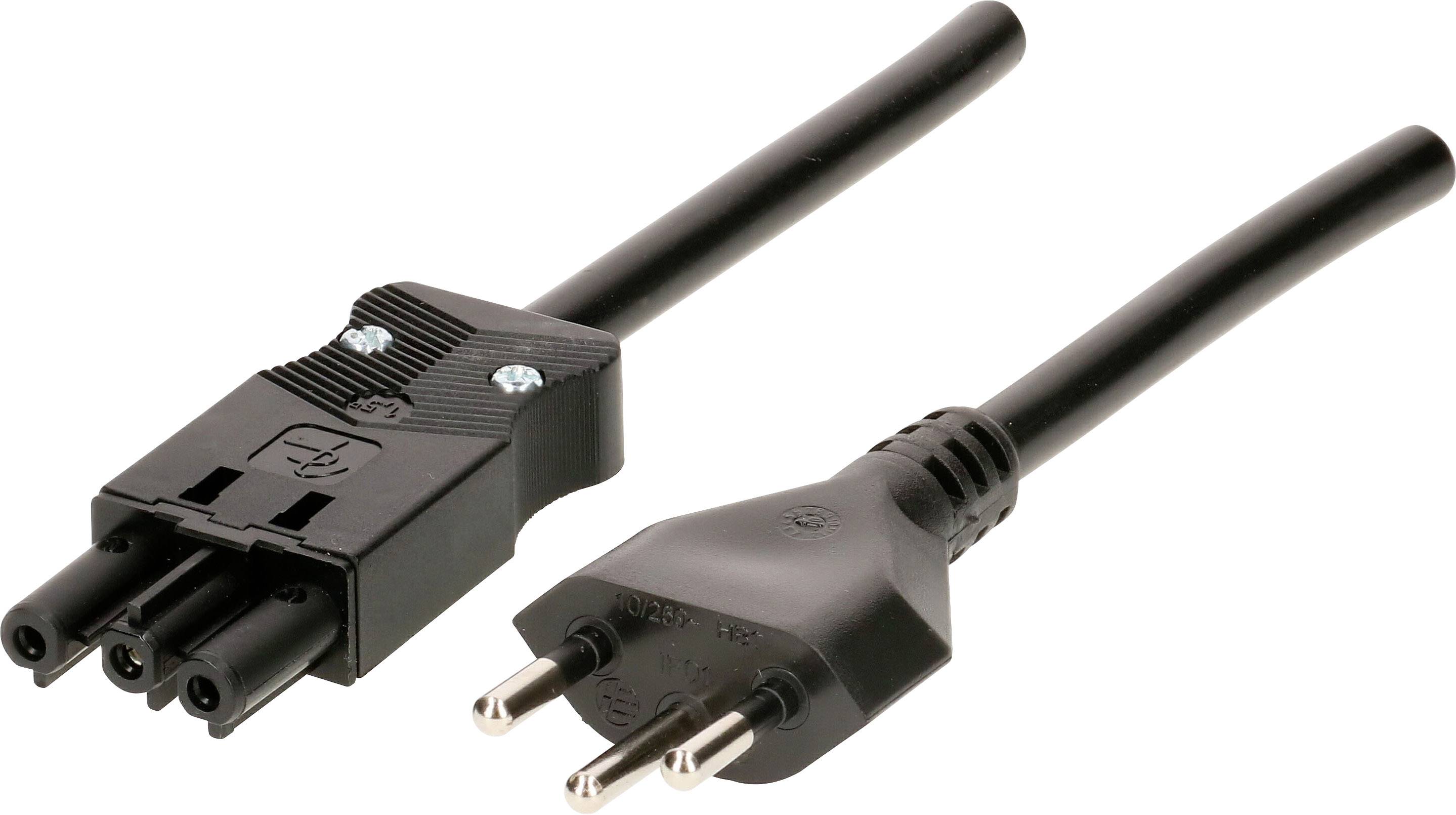 'Zwei schwarze Netzkabel: Eins mit einem dreipoligen Stecker und das andere mit einem flachen, rechteckigen Stecker mit drei metallischen Kontakten.'