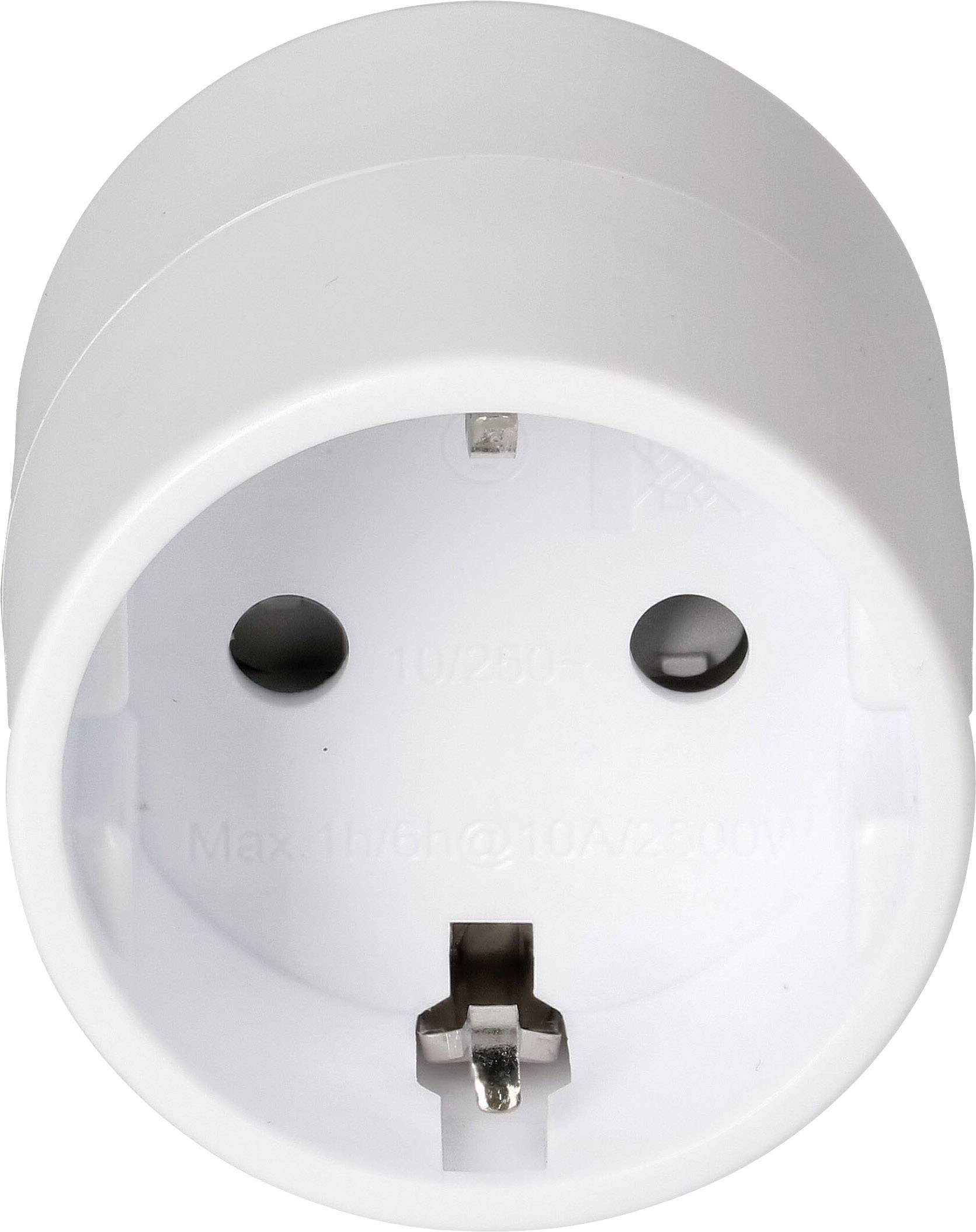 Weißer runder Adapter für einen Schuko-Stromstecker, Vorderansicht, zeigt die Stecköffnungen.