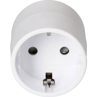 Weißer runder Adapter für einen Schuko-Stromstecker, Vorderansicht, zeigt die Stecköffnungen.