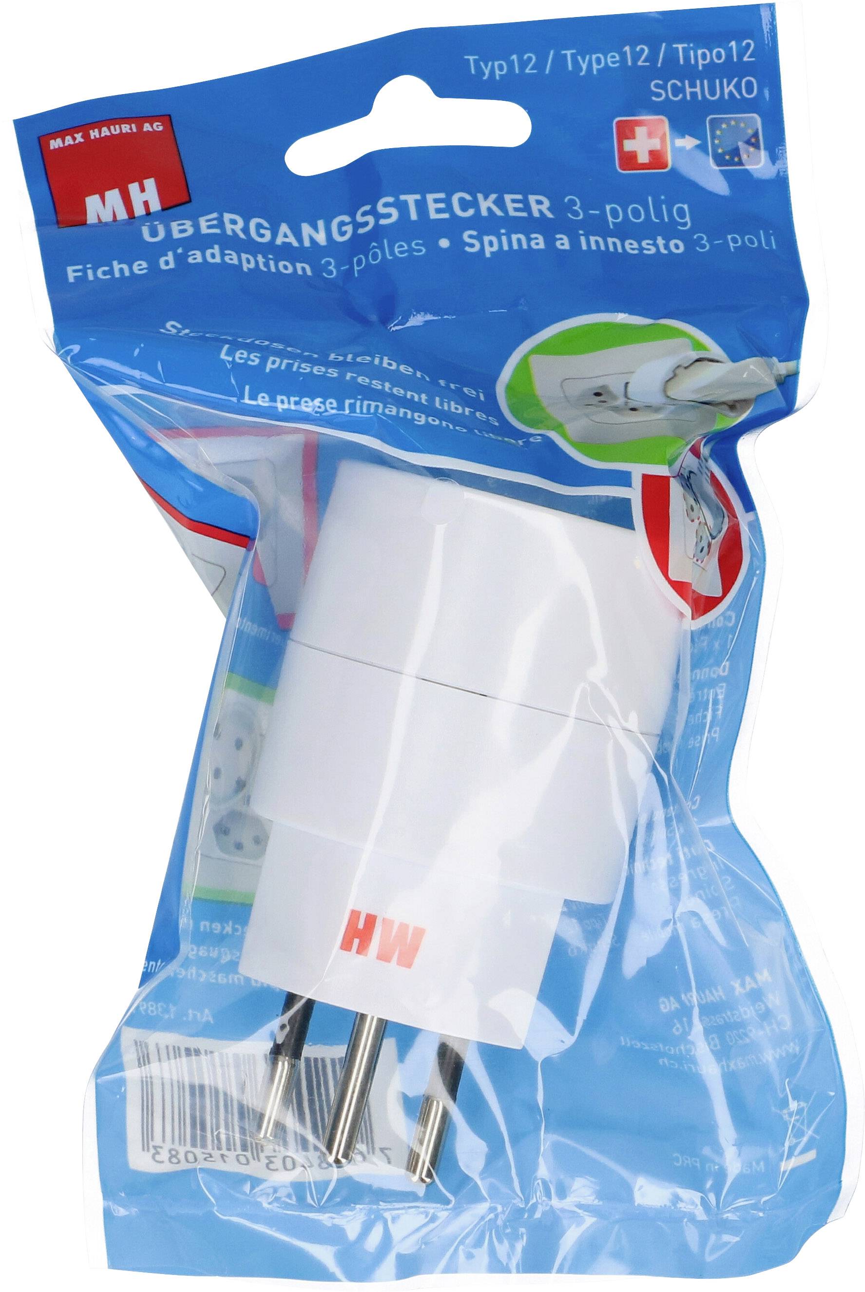 'Dreiseitiger Übergangsstecker in blauer Verpackung. Geeignet für Schuko Typ 12 Steckdosen. Informationen auf Deutsch, Französisch und Italienisch.'