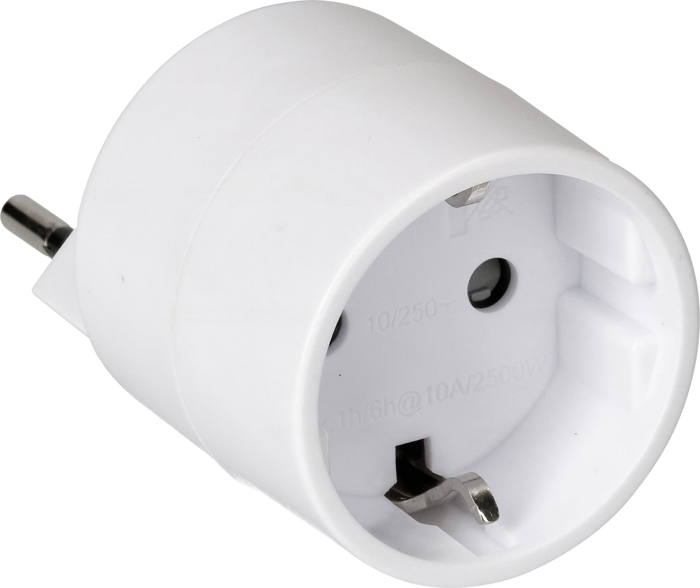 Ein weißer Schuko-Steckeradapter für Steckdosen, geeignet für europäische Steckdosen, zum Anschluss von Elektrogeräten.