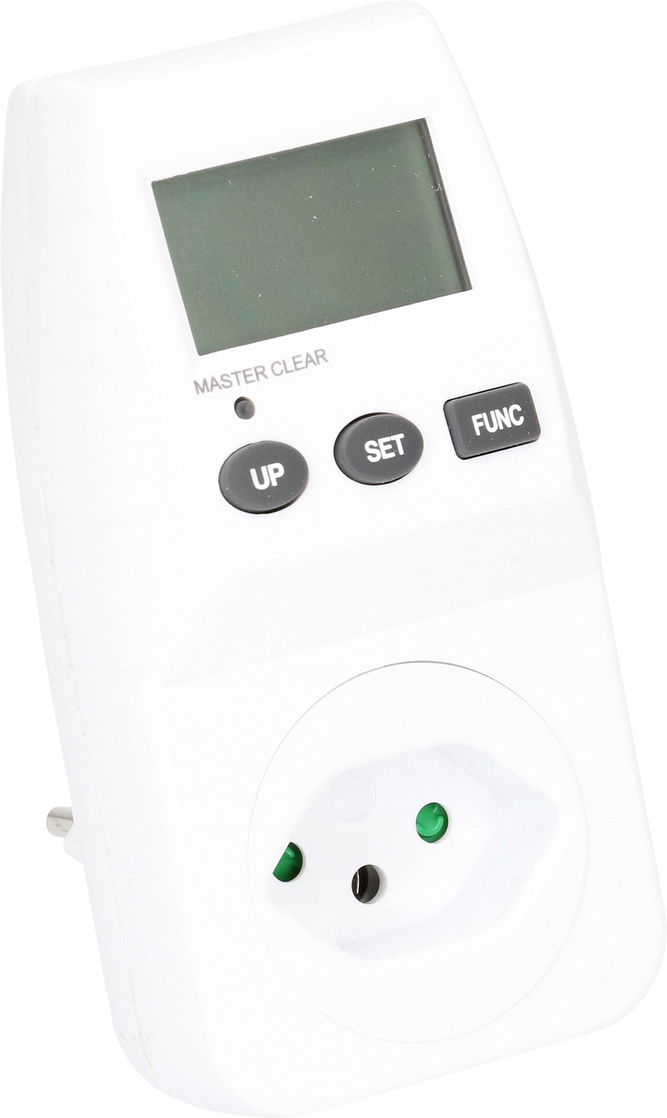 Ein digitaler Zeitschaltstecker mit Display und Tasten für 'Up', 'Set' und 'Func', wird in eine Steckdose gesteckt.