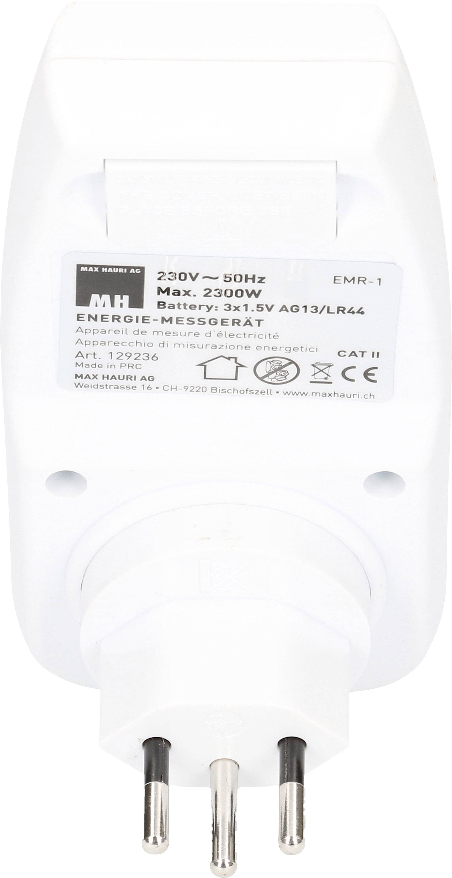 Weißes Energiekosten-Messgerät mit EU-Stecker und digitalem Display zur Überwachung des Stromverbrauchs elektrischer Geräte.