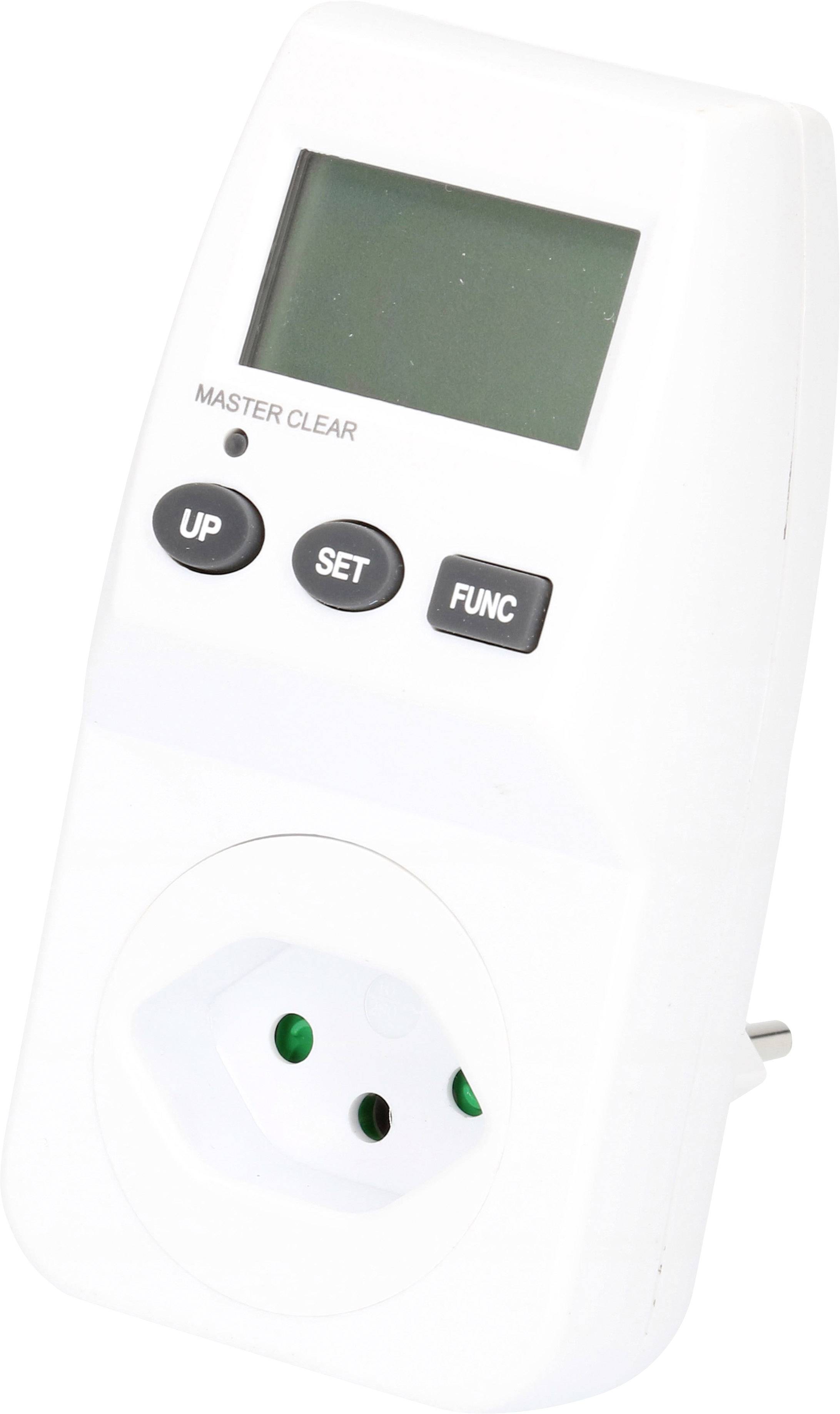 Ein weißer digitaler Zeitschaltuhr-Stecker mit einem Display und drei Tasten ('UP', 'SET', 'FUNC') zum Programmieren der Zeit.