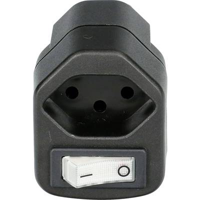 Schwarzer Steckdosenadapter mit integriertem Ein-Aus-Schalter. Adapter hat eine sechseckige Form und drei runde Löcher.