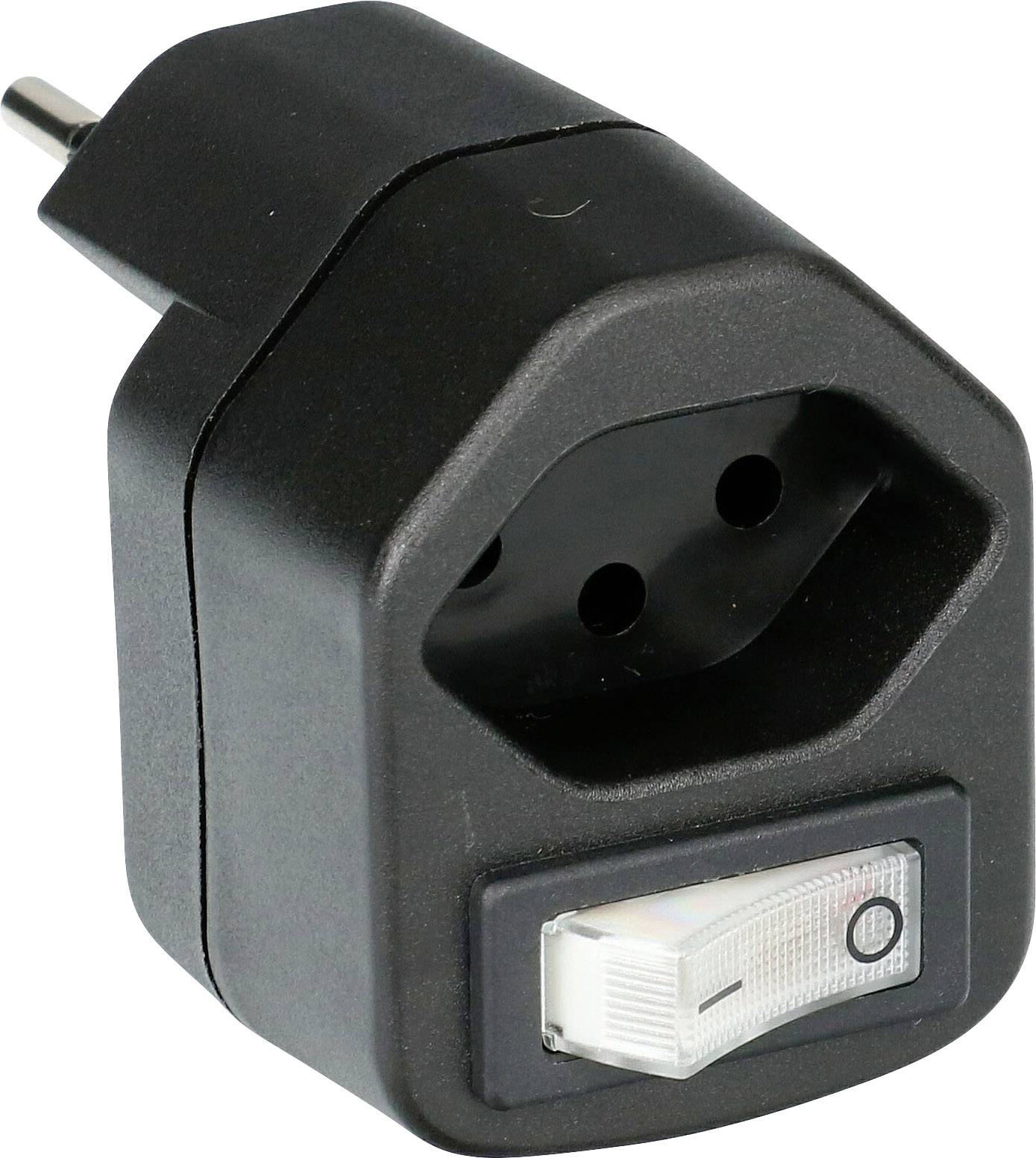 Ein schwarzer Steckdosenadapter mit einem weißen Ein-/Ausschalter an der Vorderseite. Der Adapter hat zwei runde Steckdoseneingänge.