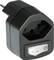 Ein schwarzer Steckdosenadapter mit einem weißen Ein-/Ausschalter an der Vorderseite. Der Adapter hat zwei runde Steckdoseneingänge.