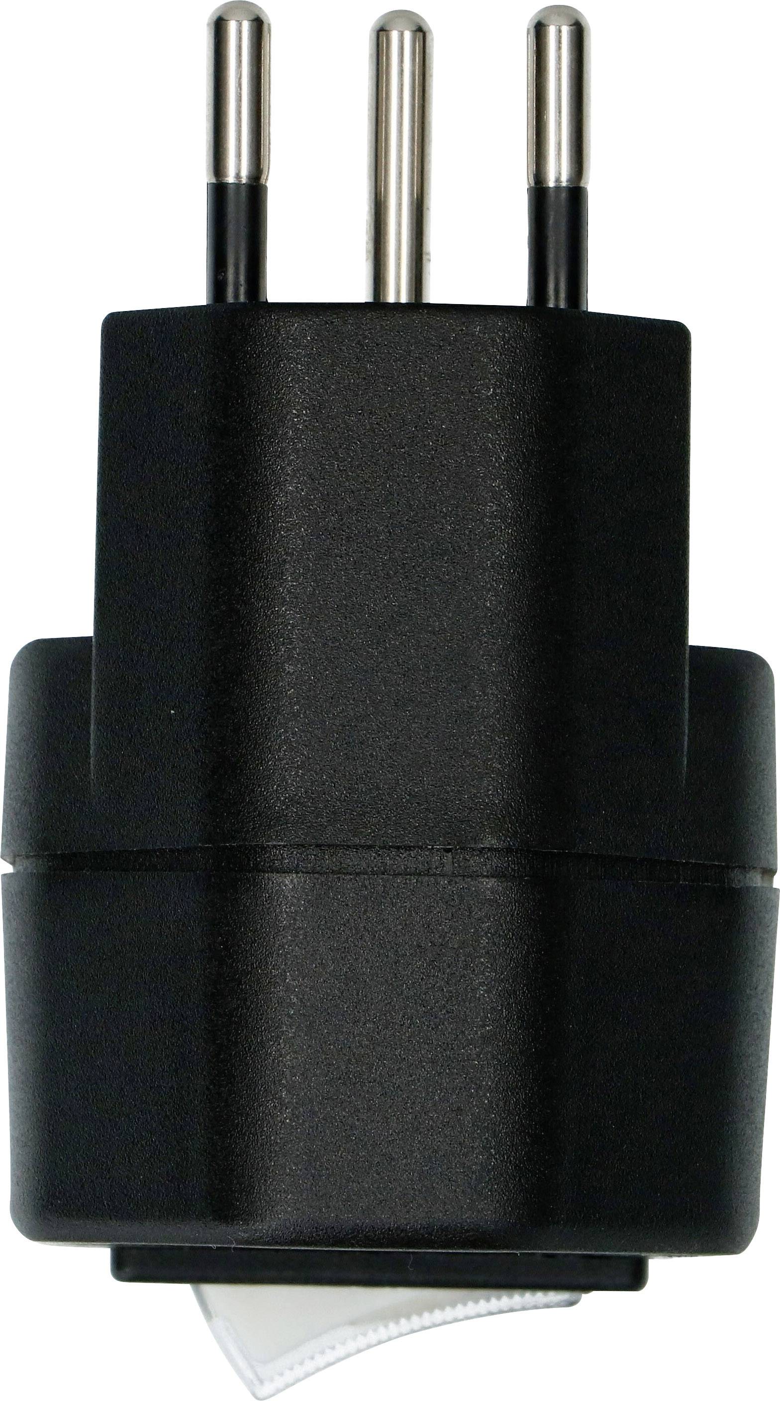 Ein schwarzer Steckeradapter mit drei Metallstiften; geeignet für den Anschluss an verschiedene Steckdosentypen.
