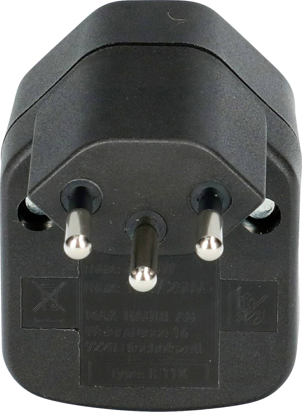 Schwarzer Eurostecker mit drei Metallstiften, geeignet für europäische Steckdosen, zeigt Vorderansicht mit technischen Spezifikationen.