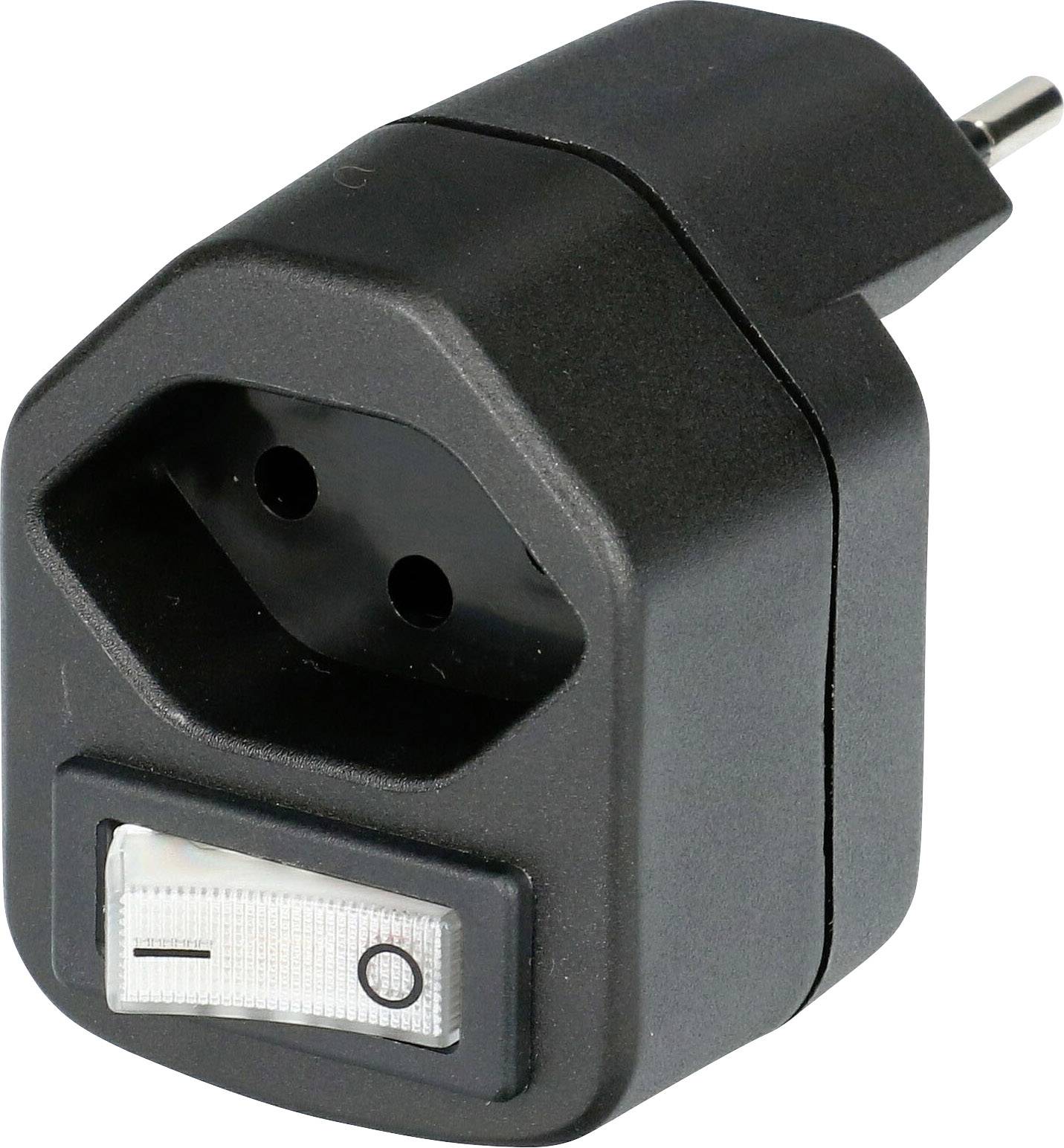 Ein schwarzer Steckdosenadapter mit integriertem Ein-/Aus-Schalter. Der Adapter hat zwei Löcher für Steckerkontakte und ist europäisch genormt.